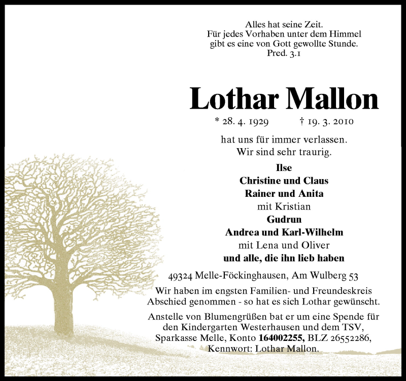  Traueranzeige für Lothar Mallon vom 25.03.2010 aus Neue Osnabrücker Zeitung GmbH & Co. KG