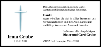 Traueranzeige von Irma Grube von Neue Osnabrücker Zeitung GmbH & Co. KG