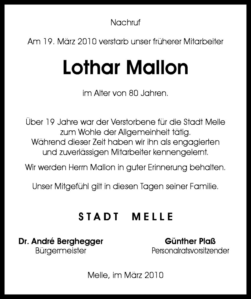  Traueranzeige für Lothar Mallon vom 26.03.2010 aus Neue Osnabrücker Zeitung GmbH & Co. KG