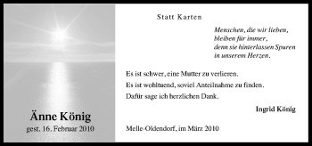Traueranzeige von Änne König von Neue Osnabrücker Zeitung GmbH & Co. KG