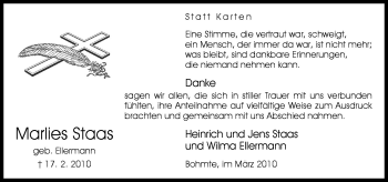 Traueranzeige von Marlies Staas von Neue Osnabrücker Zeitung GmbH & Co. KG
