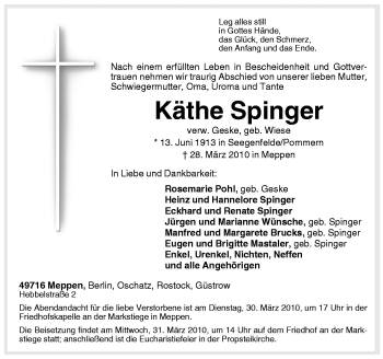 Traueranzeige von Käthe Springer von Neue Osnabrücker Zeitung GmbH & Co. KG