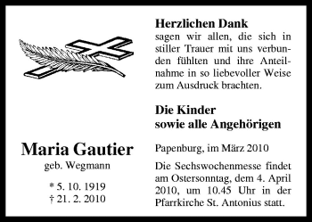 Traueranzeige von Maria Gautier von Neue Osnabrücker Zeitung GmbH & Co. KG