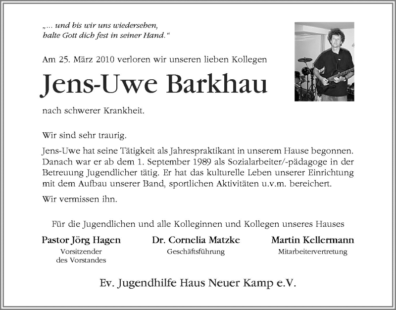  Traueranzeige für Jens-Uwe Barkhau vom 30.03.2010 aus Neue Osnabrücker Zeitung GmbH & Co. KG