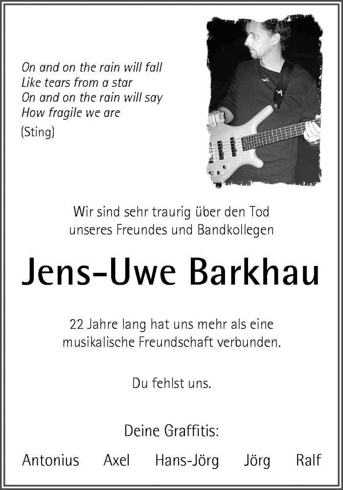  Traueranzeige für Jens-Uwe Barkhau vom 31.03.2010 aus Neue Osnabrücker Zeitung GmbH & Co. KG