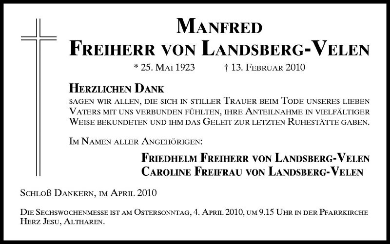  Traueranzeige für Manfred Freiherr von Landsberg-Velen vom 01.04.2010 aus Neue Osnabrücker Zeitung GmbH & Co. KG