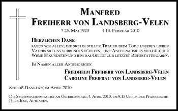Traueranzeige von Manfred Freiherr von Landsberg-Velen von Neue Osnabrücker Zeitung GmbH & Co. KG