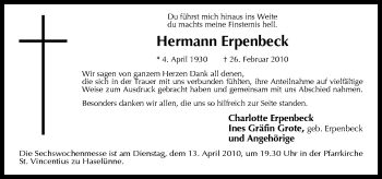 Traueranzeige von Hermann Erpenbeck von Neue Osnabrücker Zeitung GmbH & Co. KG