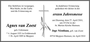 Traueranzeige von Agnes van Zoest von Neue Osnabrücker Zeitung GmbH & Co. KG
