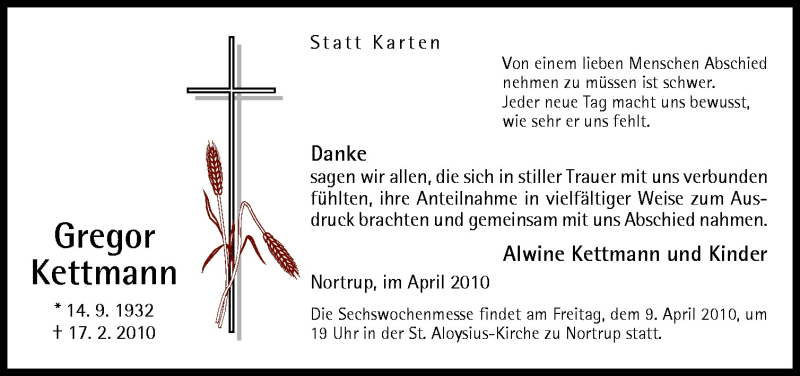  Traueranzeige für Gregor Kettmann vom 06.04.2010 aus Neue Osnabrücker Zeitung GmbH & Co. KG