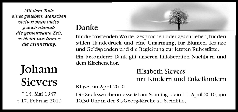  Traueranzeige für Johann Sievers vom 07.04.2010 aus Neue Osnabrücker Zeitung GmbH & Co. KG
