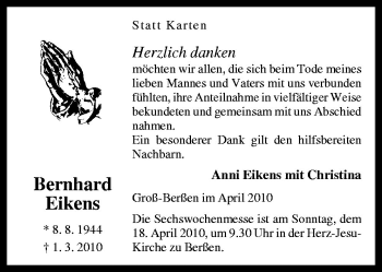 Traueranzeige von Bernhard Eikens von Neue Osnabrücker Zeitung GmbH & Co. KG