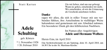 Traueranzeige von Adele Schulting von Neue Osnabrücker Zeitung GmbH & Co. KG