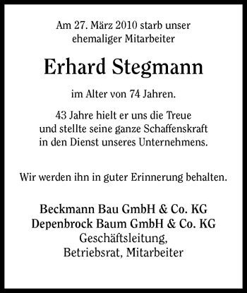 Traueranzeige von Erhard Stegmann von Neue Osnabrücker Zeitung GmbH & Co. KG