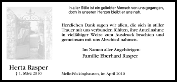 Traueranzeige von Herta Rasper von Neue Osnabrücker Zeitung GmbH & Co. KG