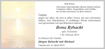 Traueranzeige von Ilona Rybacki von Neue Osnabrücker Zeitung GmbH & Co. KG