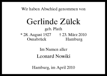 Traueranzeige von Gerlinde Zülck von Neue Osnabrücker Zeitung GmbH & Co. KG
