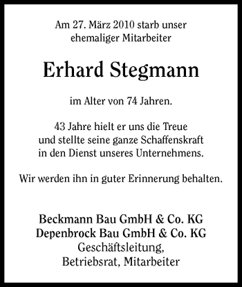 Traueranzeige von Erhard Stegmann von Neue Osnabrücker Zeitung GmbH & Co. KG