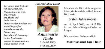 Traueranzeige von Annemarie Thale von Neue Osnabrücker Zeitung GmbH & Co. KG