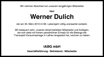 Traueranzeige von Werner Dulich von Neue Osnabrücker Zeitung GmbH & Co. KG