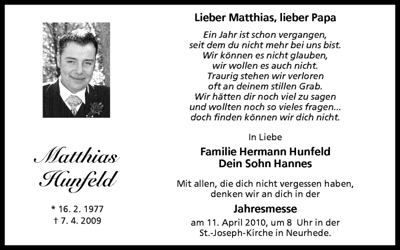  Traueranzeige für Matthias Hunfeld vom 07.04.2010 aus Neue Osnabrücker Zeitung GmbH & Co. KG