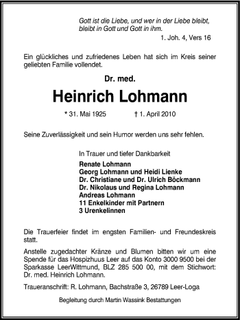 Traueranzeige von Heinrich Lohmann von Neue Osnabrücker Zeitung GmbH & Co. KG