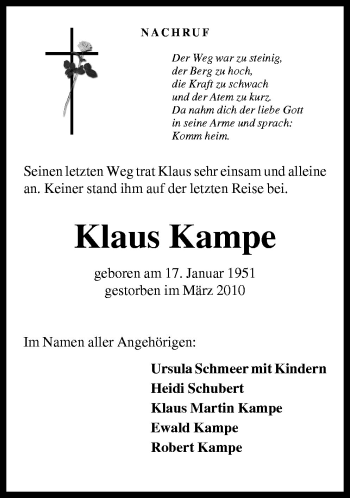 Traueranzeige von Klaus Kampe von Neue Osnabrücker Zeitung GmbH & Co. KG