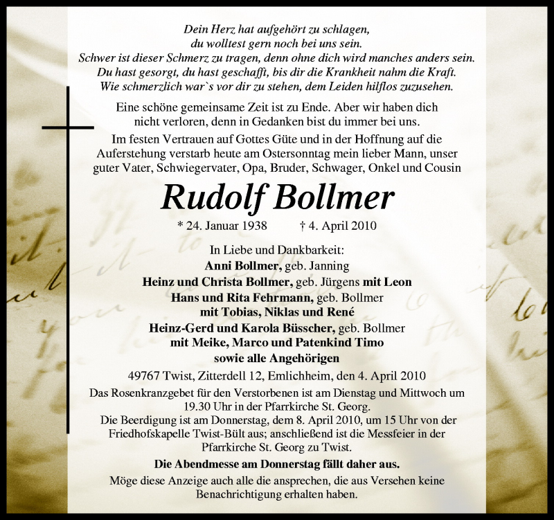  Traueranzeige für Rudolf Bollmer vom 06.04.2010 aus Neue Osnabrücker Zeitung GmbH & Co. KG