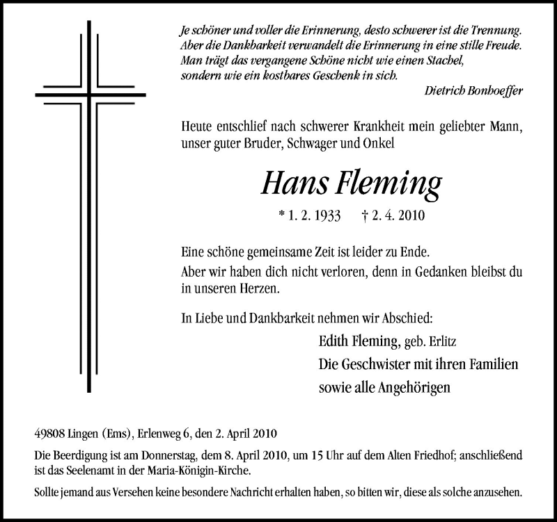  Traueranzeige für Hans Fleming vom 06.04.2010 aus Neue Osnabrücker Zeitung GmbH & Co. KG