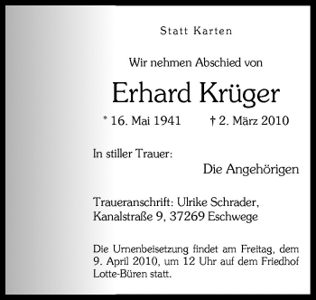 Traueranzeige von Erhard Krüger von Neue Osnabrücker Zeitung GmbH & Co. KG