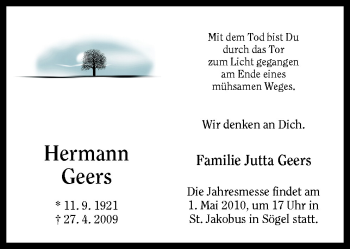 Traueranzeige von Hermann Geers von Neue Osnabrücker Zeitung GmbH & Co. KG