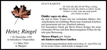 Traueranzeige von Heinz Ringel von Neue Osnabrücker Zeitung GmbH & Co. KG