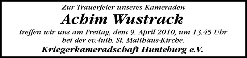  Traueranzeige für Achim Wustrack vom 07.04.2010 aus Neue Osnabrücker Zeitung GmbH & Co. KG