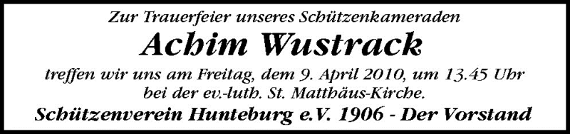  Traueranzeige für Achim Wustrack vom 07.04.2010 aus Neue Osnabrücker Zeitung GmbH & Co. KG