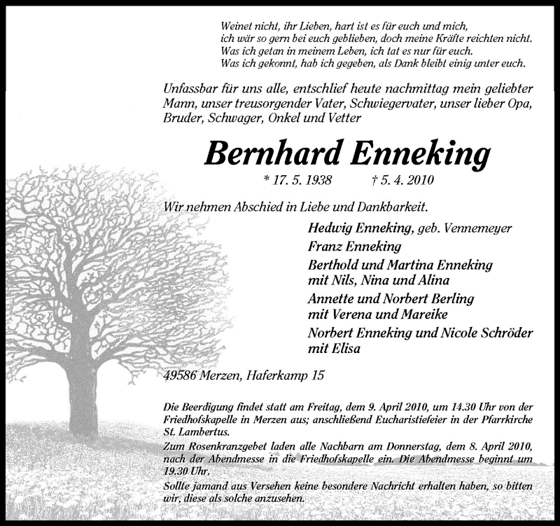  Traueranzeige für Bernhard Enneking vom 07.04.2010 aus Neue Osnabrücker Zeitung GmbH & Co. KG