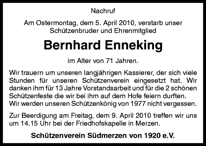  Traueranzeige für Bernhard Enneking vom 08.04.2010 aus Neue Osnabrücker Zeitung GmbH & Co. KG