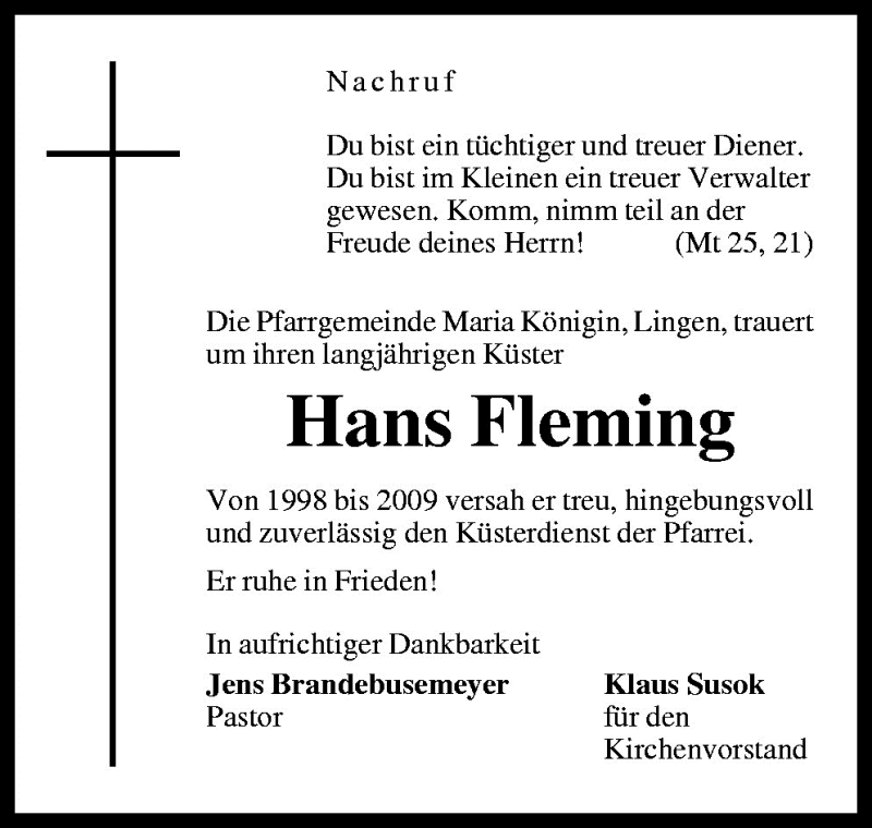  Traueranzeige für Hans Fleming vom 10.04.2010 aus Neue Osnabrücker Zeitung GmbH & Co. KG