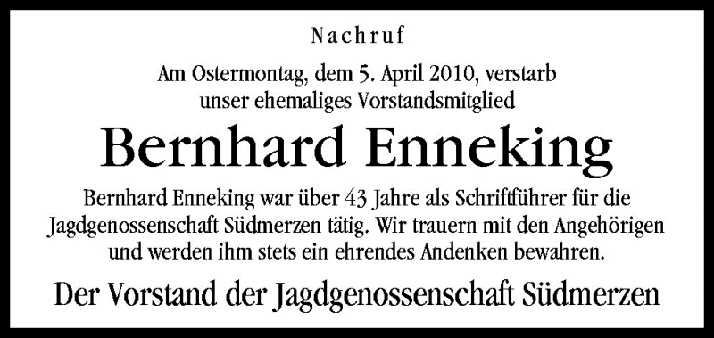  Traueranzeige für Bernhard Enneking vom 09.04.2010 aus Neue Osnabrücker Zeitung GmbH & Co. KG