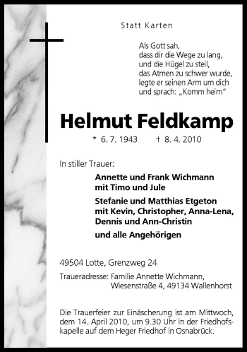 Traueranzeige von Helmut Feldkamp von Neue Osnabrücker Zeitung GmbH & Co. KG