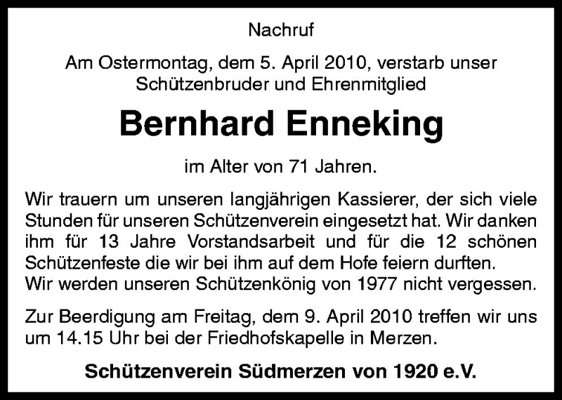  Traueranzeige für Bernhard Enneking vom 09.04.2010 aus Neue Osnabrücker Zeitung GmbH & Co. KG