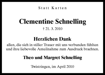 Traueranzeige von Clementine Schnelling von Neue Osnabrücker Zeitung GmbH & Co. KG
