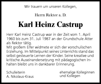 Traueranzeige von Karl Heinz Castrup von Neue Osnabrücker Zeitung GmbH & Co. KG