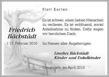 Traueranzeige von Friedrich Bächstädt von Neue Osnabrücker Zeitung GmbH & Co. KG