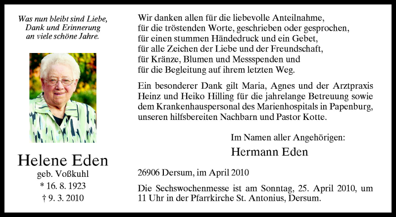  Traueranzeige für Helene Eden vom 20.04.2010 aus Neue Osnabrücker Zeitung GmbH & Co. KG