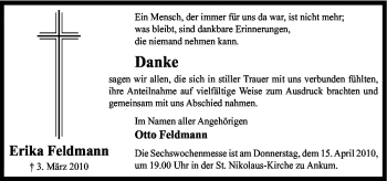 Traueranzeige von Erika Feldmann von Neue Osnabrücker Zeitung GmbH & Co. KG