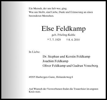 Traueranzeige von Else Feldkamp von Neue Osnabrücker Zeitung GmbH & Co. KG