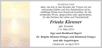 Traueranzeige von Frieda Klenner von Neue Osnabrücker Zeitung GmbH & Co. KG
