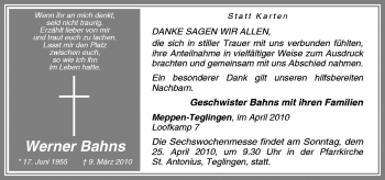 Traueranzeige von Werner Bahns von Neue Osnabrücker Zeitung GmbH & Co. KG
