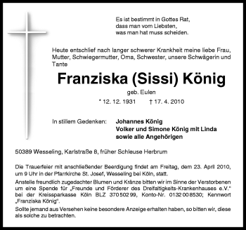 Traueranzeige von Franzikska König von Neue Osnabrücker Zeitung GmbH & Co. KG