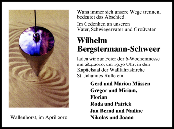 Traueranzeige von Wilhelm Bergstermann-Schweer von Neue Osnabrücker Zeitung GmbH & Co. KG